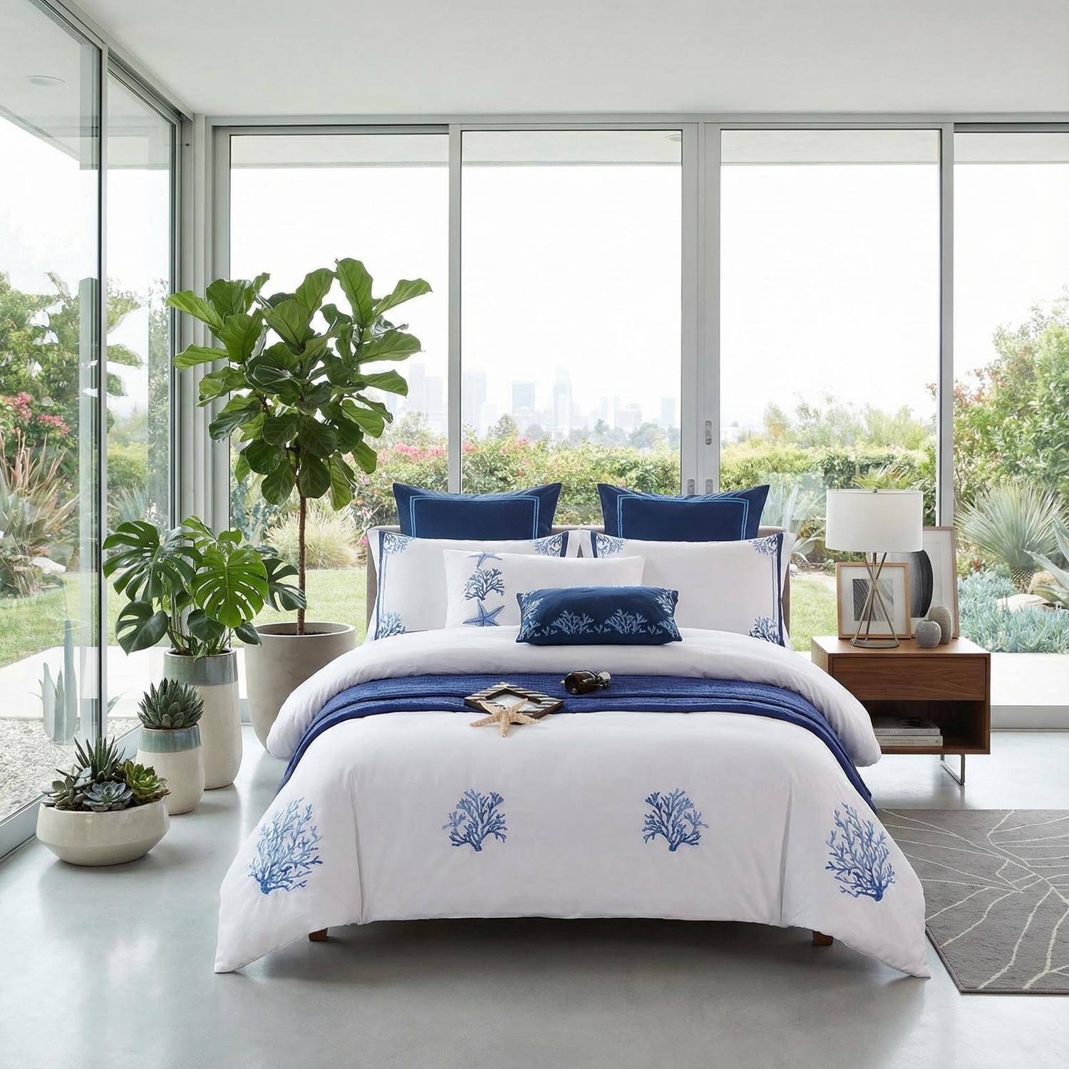 Blue Coral Embroidery Bedding Set With Egyptian Cotton Duvet Covers And Pillowcases