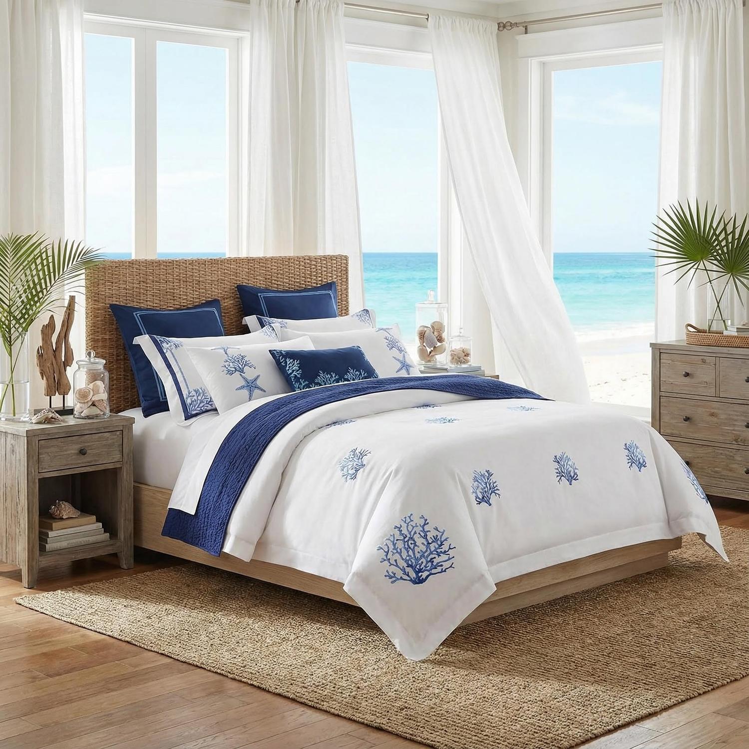 Blue Coral Embroidery Bedding Set With Egyptian Cotton Duvet Covers And Pillowcases