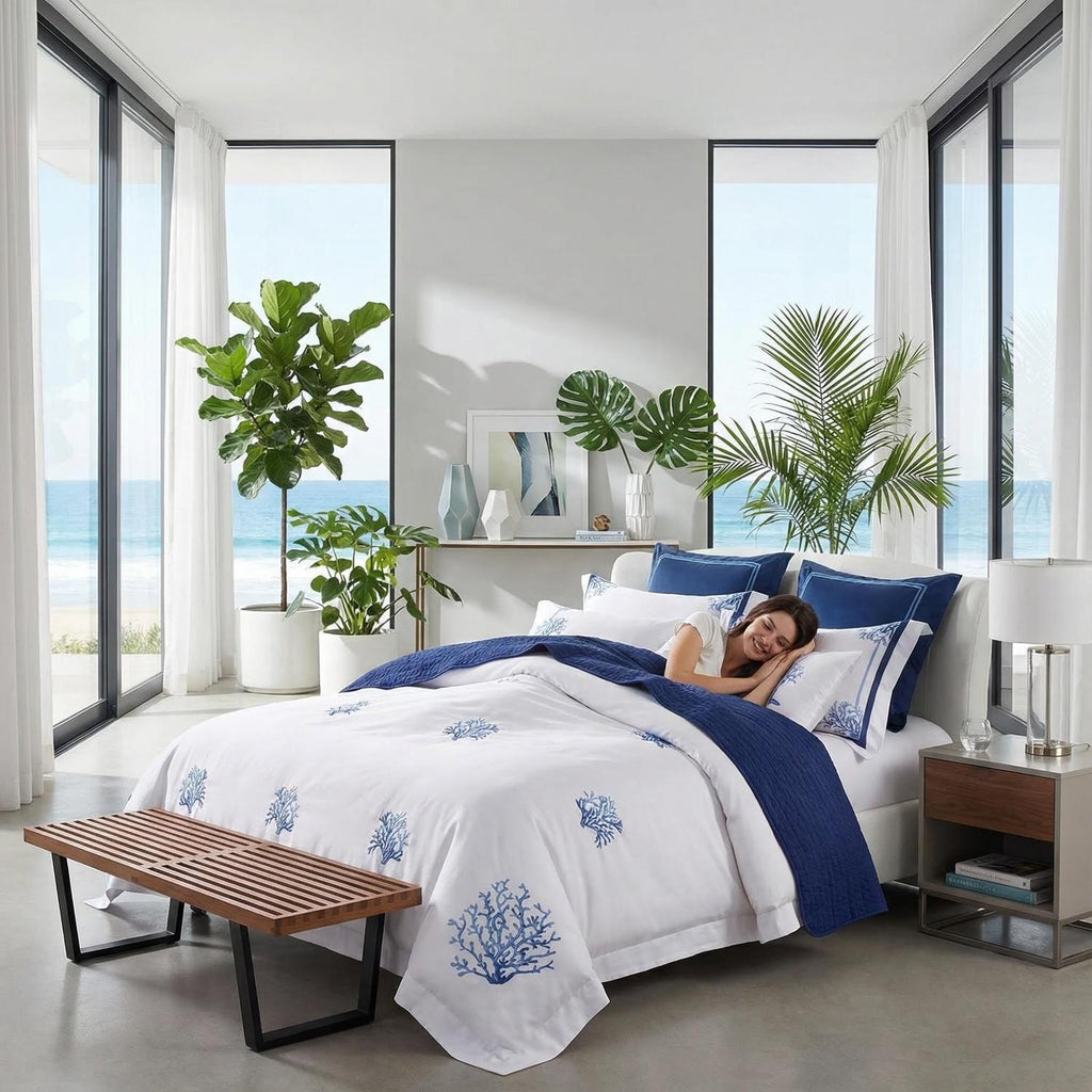 Blue Coral Embroidery Bedding Set With Egyptian Cotton Duvet Covers And Pillowcases