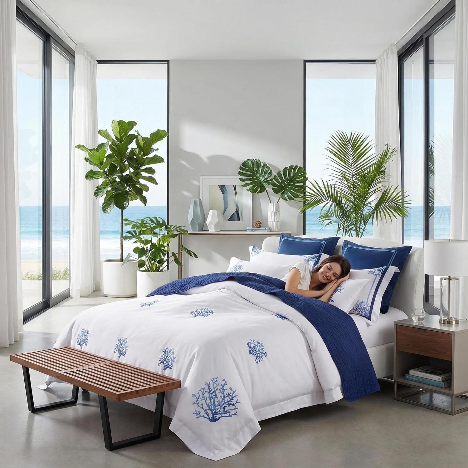 Blue Coral Embroidery Bedding Set With Egyptian Cotton Duvet Covers And Pillowcases