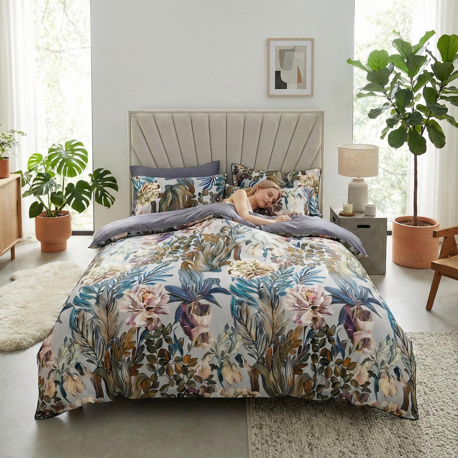 Flora Grace Elegant Cotton Duvet Cover Set With Vibrant Bird Design