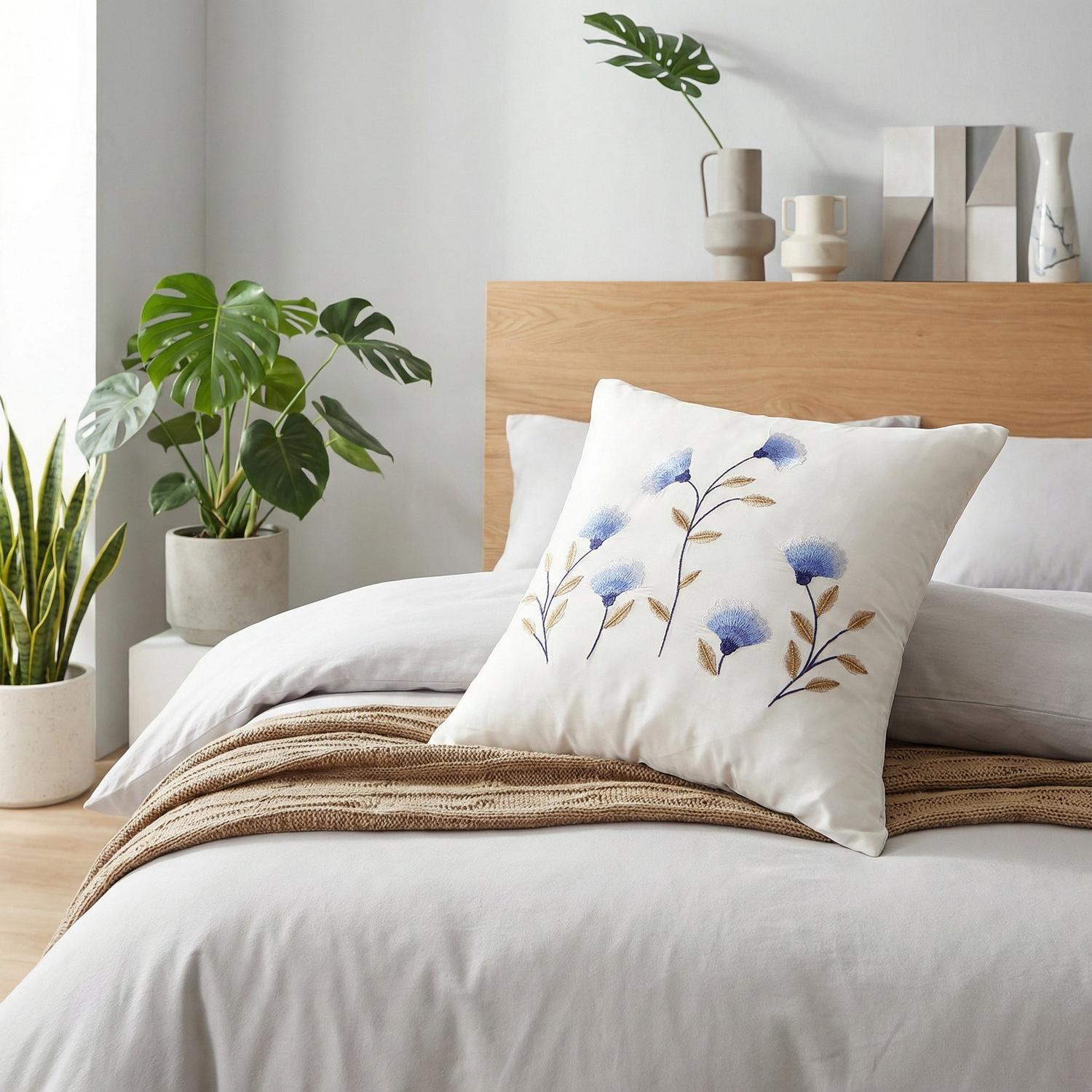 AzureLoom Luxurious Woven Bedding Set With White And Deep Blue Floral Embroidery