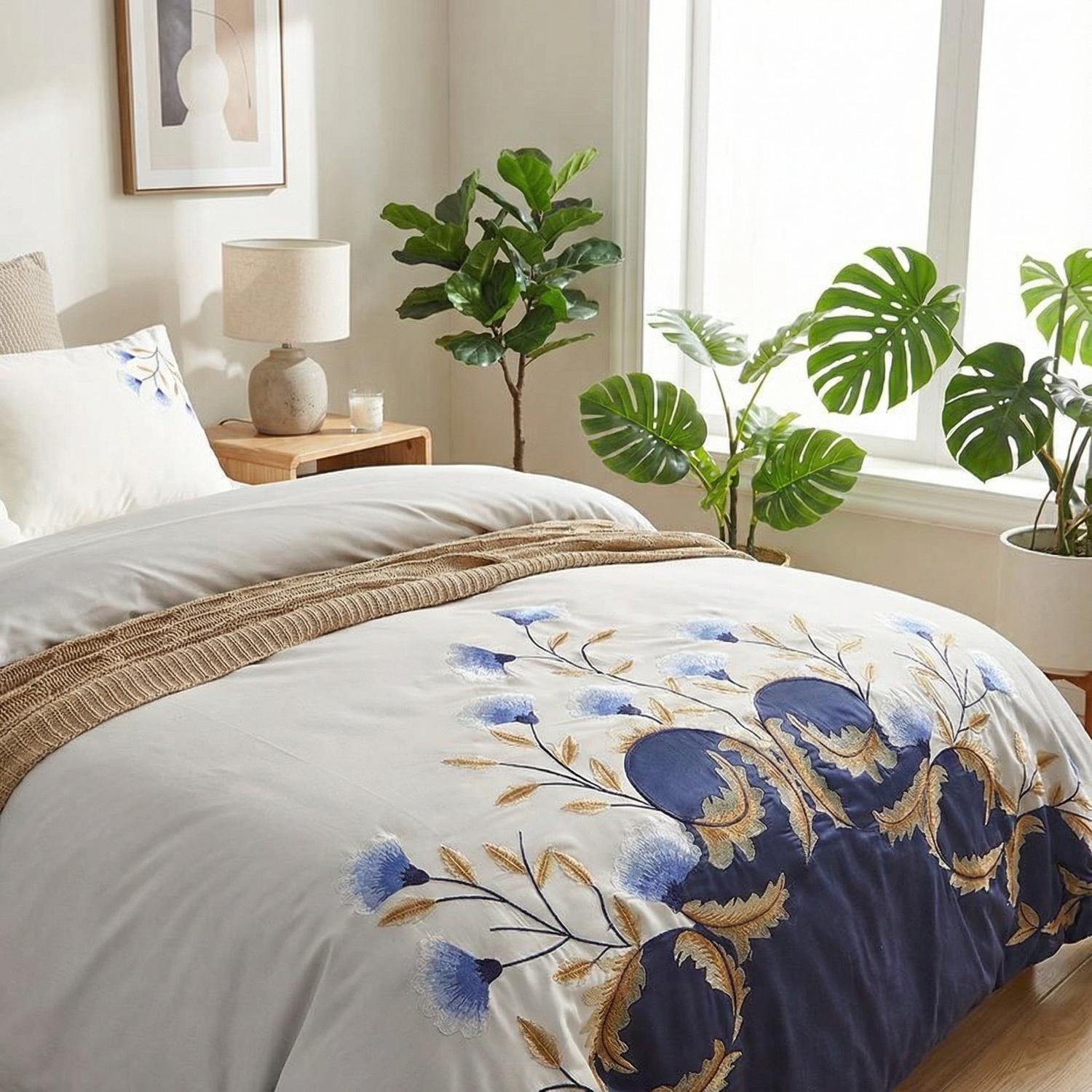 AzureLoom Luxurious Woven Bedding Set With White And Deep Blue Floral Embroidery