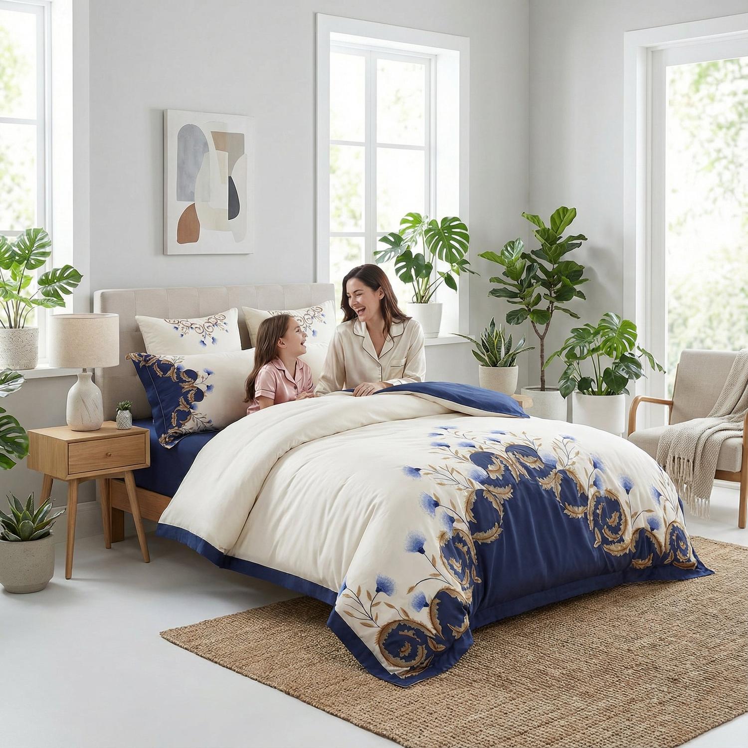 AzureLoom Luxurious Woven Bedding Set With White And Deep Blue Floral Embroidery